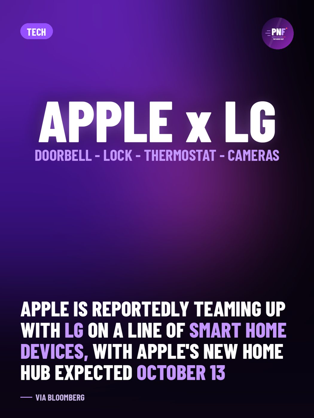 PopNewsFast graphic: Apple is reportedly teaming up with LG on a line of smart home devices, with Apple's new home hub expected October 13