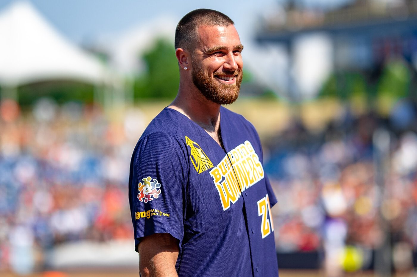 Travis Kelce at a charity softball game in 2021